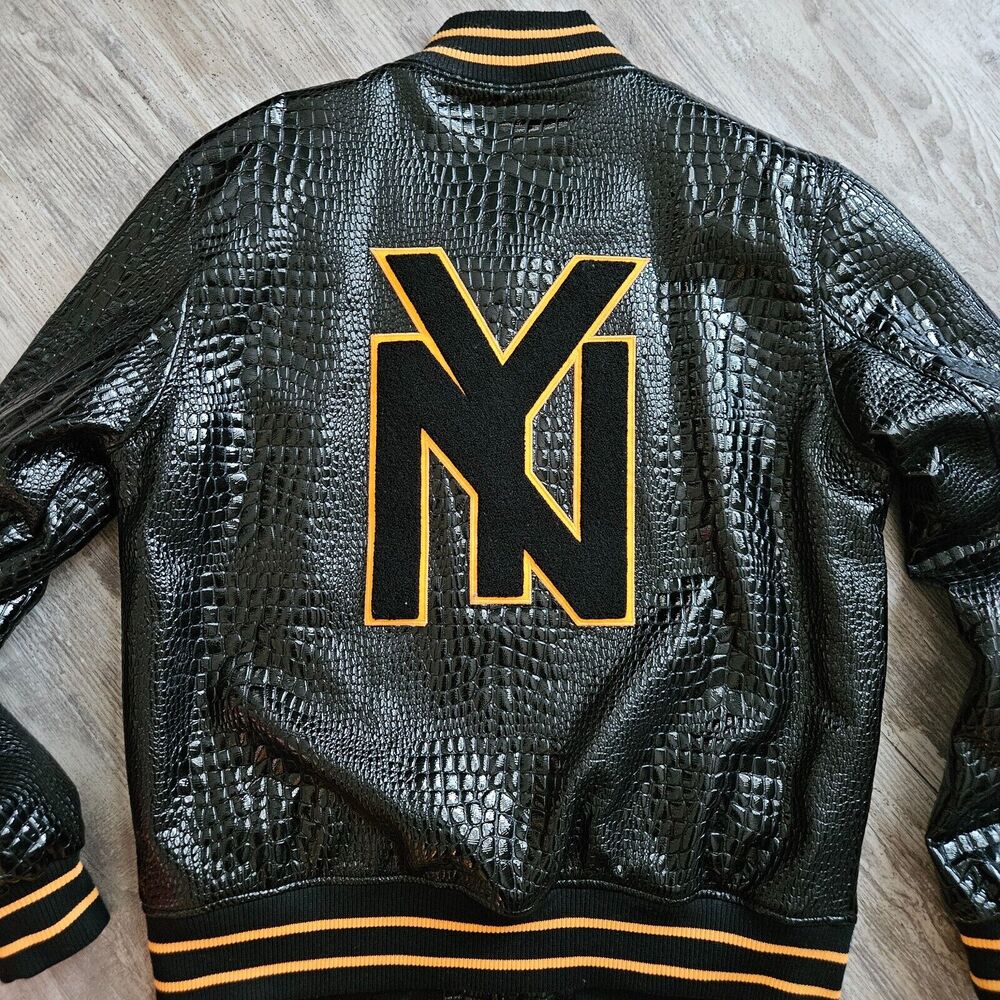 SD Sport NY Yankees Croc Style XL PU Leather‎ Varsity Jacket Black Yellow MLB